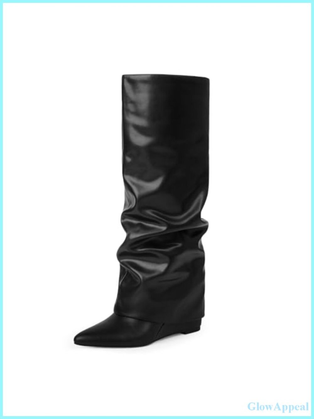 Womens Fold Over Knee High Boots Wedge Heel Pointed Toe Faux Leather Tall Wide